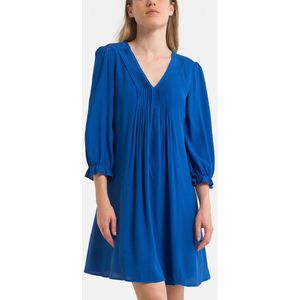 Korte pliss�éjurk, V-hals, 3/4 mouwen FREEMAN T. PORTER. Viscose materiaal. Maten M. Blauw kleur