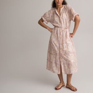 Lange wijd uitlopende jurk, bloemenprint LA REDOUTE COLLECTIONS. Polyester materiaal. Maten 46 FR - 44 EU. Roze kleur