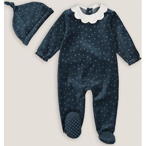 Ensemble pyjama en muts in fluweel LA REDOUTE COLLECTIONS. Fluweel materiaal. Maten 0 mnd - 50 cm. Blauw kleur