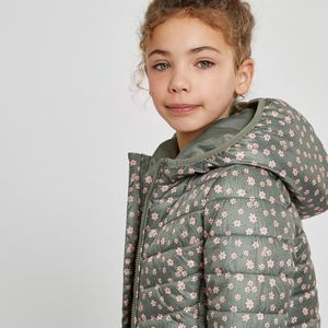 Lichte donsjas met kap, bloemenprint LA REDOUTE COLLECTIONS. Polyamide materiaal. Maten 8 jaar - 126 cm. Groen kleur