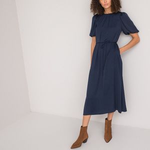 Lange wijd uitlopende jurk, ronde hals en korte mouwen LA REDOUTE COLLECTIONS. Polyester materiaal. Maten 44 FR - 42 EU. Blauw kleur