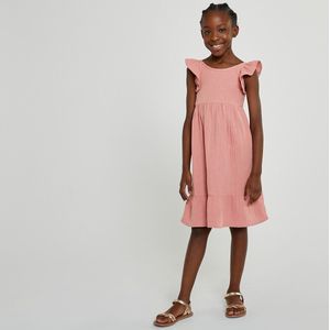 Lange jurk zonder mouwen, met volants, in tetra LA REDOUTE COLLECTIONS. Katoen materiaal. Maten 6 jaar - 114 cm. Roze kleur