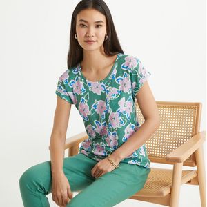 Bedrukt T-shirt in linnen, ronde hals, korte mouwen ANNE WEYBURN. Linnen materiaal. Maten 42/44 FR - 40-42 EU. Groen kleur