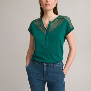 T-shirt in 2 stoffen, ronde hals, korte mouwen ANNE WEYBURN. Katoen materiaal. Maten 50/52 FR - 48/50 EU. Groen kleur
