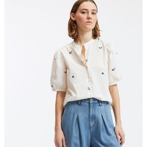 Shirt met bloemenborduursel, Mao-kraag, ballonmouwen LA REDOUTE COLLECTIONS. Katoen materiaal. Maten S. Beige kleur
