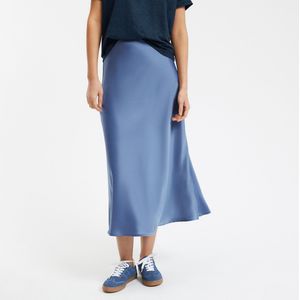 Wijd uitlopende lange rok in mat satijn, Signature MARION LA REDOUTE COLLECTIONS. Katoen materiaal. Maten 34 FR - 32 EU. Blauw kleur