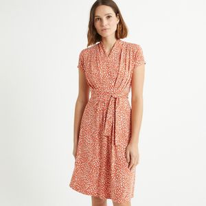 Wijd uitlopende jurk, stippenprint, halflang ANNE WEYBURN. Viscose materiaal. Maten 48 FR - 46 EU. Oranje kleur
