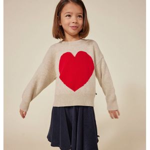 Trui met ronde hals en hartmotief PETIT BATEAU. Katoen wol materiaal. Maten 5 jaar - 108 cm. Beige kleur