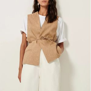 Mouwloos jasje in gemengd linnen, MARCELLO SESSUN. Linnen materiaal. Maten S. Beige kleur
