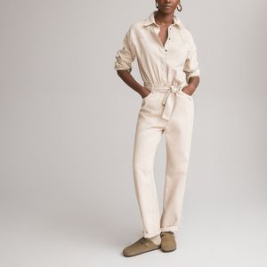 Jumpsuit in denim met lange mouwen LA REDOUTE COLLECTIONS. Katoen materiaal. Maten 48 FR - 46 EU. Beige kleur