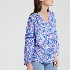 Bedrukte blouse met V-hals SEE U SOON. Viscose materiaal. Maten 2(M). Blauw kleur