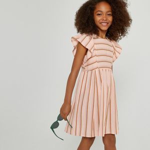 Gestreepte jurk met korte mouwen met volant LA REDOUTE COLLECTIONS. Katoen materiaal. Maten 6 jaar - 114 cm. Roze kleur