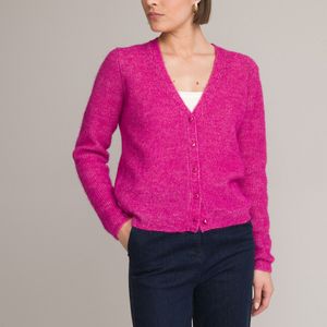 Vest met V-hals, grof tricot, knoopsluiting ANNE WEYBURN. Polyester materiaal. Maten 38/40 FR - 36/38 EU. Roze kleur