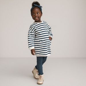 3-delig ensemble, jurk, legging en haarband LA REDOUTE COLLECTIONS. Geruwd molton materiaal. Maten 2 jaar - 86 cm. Blauw kleur