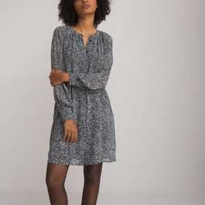 Kort uitlopende jurk, ronde hals en ballonmouwen LA REDOUTE COLLECTIONS. Polyester materiaal. Maten 40 FR - 38 EU. Zwart kleur