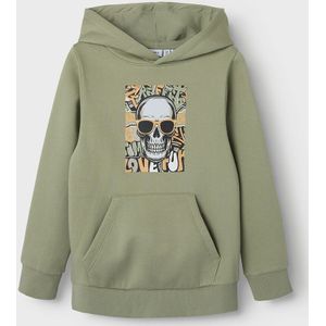 Hoodie met doodshoofdprint NAME IT. Molton materiaal. Maten 11/12 jaar - 144/150 cm. Groen kleur