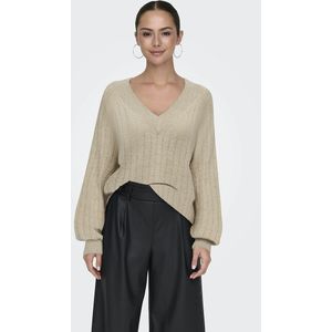 Trui met V-hals in ajourtricot, lange mouwen JDY. Polyester materiaal. Maten S. Beige kleur