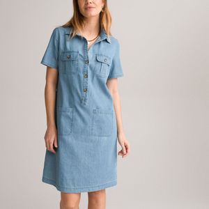 Rechte jurk, in denim, korte mouwen ANNE WEYBURN. Katoen materiaal. Maten 36 FR - 34 EU. Blauw kleur