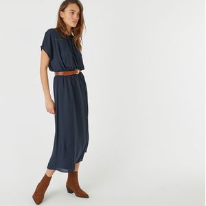 Wijd uitlopende lange jurk, elastische taille met smok LA REDOUTE COLLECTIONS. Polyester materiaal. Maten 52 FR - 50 EU. Blauw kleur