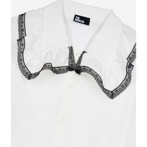 Blouse met claudinekraag, afgeboord met kant THE KOOPLES. Zijde materiaal. Maten 1(S). Wit kleur
