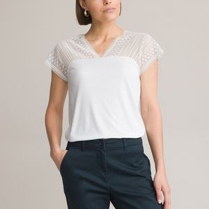 T-shirt met V-hals, korte mouwen, detail in kant ANNE WEYBURN. Viscose materiaal. Maten 38/40 FR - 36/38 EU. Wit kleur