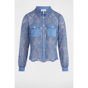 Kanten blouse met lange mouwen MORGAN. Polyester materiaal. Maten 36 FR - 34 EU. Blauw kleur