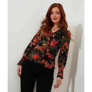 Blouse met bloemenprint en volants JOE BROWNS. Viscose materiaal. Maten 38 FR - 36 EU. Zwart kleur