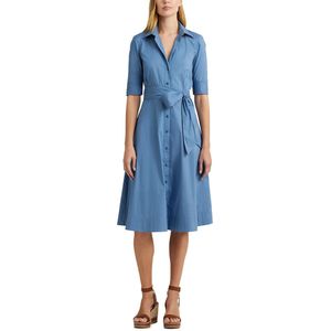 Halflange jurk met strikceintuur en korte mouwen FINNBARR LAUREN RALPH LAUREN. Katoen materiaal. Maten 40 FR - 38 EU. Blauw kleur