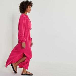 Lange jurk in tetra, Pofmouwen LA REDOUTE COLLECTIONS. Katoen materiaal. Maten 42 FR - 40 EU. Roze kleur