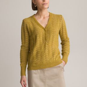 Trui met V-hals in fijn tricot met ajour ANNE WEYBURN. Polyester materiaal. Maten 38/40 FR - 36/38 EU. Geel kleur