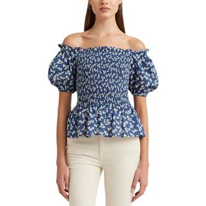 Bedrukte blouse met smokwerk en korte mouwen BIERBRIN LAUREN RALPH LAUREN. Katoen materiaal. Maten L. Blauw kleur