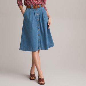 Wijd uitlopende rok, in denim, halflang ANNE WEYBURN. Katoen materiaal. Maten 52 FR - 50 EU. Blauw kleur