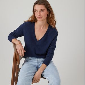 Trui met V-hals in fijn tricot, kasjmier LA REDOUTE COLLECTIONS. Kasjmier materiaal. Maten XXL. Blauw kleur