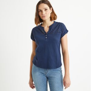 T-shirt met tuniekhals en korte mouwen ANNE WEYBURN. Katoen materiaal. Maten 42/44 FR - 40-42 EU. Blauw kleur