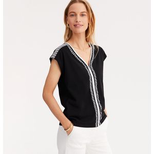 Geborduurd T-shirt, V-hals, korte mouwen ANNE WEYBURN. Katoen materiaal. Maten 42/44 FR - 40-42 EU. Zwart kleur