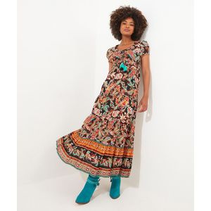 Jurk in Boheemse stijl, Saffron JOE BROWNS. Katoen materiaal. Maten 36 FR - 34 EU. Zwart kleur