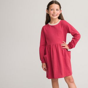 Wijd uitlopende jurk met lange mouwen LA REDOUTE COLLECTIONS. Katoen materiaal. Maten 8 jaar - 126 cm. Rood kleur