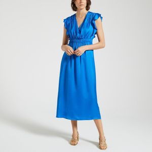 Gesatineerde, halflange jurk met korte mouwen CANDY SUNCOO. Viscose materiaal. Maten 3(L). Blauw kleur