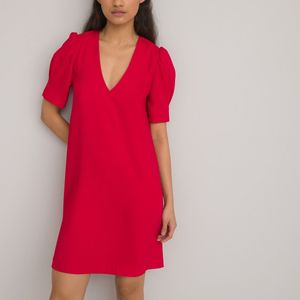 Korte jurk, V-hals, korte mouwen LA REDOUTE COLLECTIONS. Polyester materiaal. Maten 46 FR - 44 EU. Rood kleur