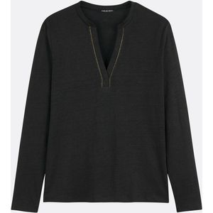 T-shirt in linnen, tuniekhals, lange mouwen ANNE WEYBURN. Linnen materiaal. Maten 42/44 FR - 40-42 EU. Zwart kleur
