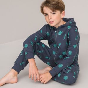 Onesie met kap in molton, monster print LA REDOUTE COLLECTIONS. Katoen materiaal. Maten 12 jaar - 150 cm. Blauw kleur