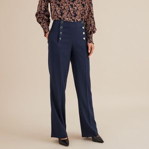 Wijde broek in matrozenstijl, hoge taille ANNE WEYBURN. Polyester materiaal. Maten 46 FR - 44 EU. Blauw kleur