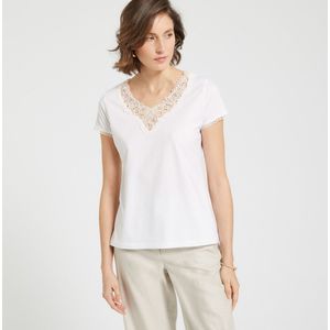 T-shirt met V-hals, guipure detail, korte mouwen ANNE WEYBURN. Katoen materiaal. Maten 46/48 FR - 44/46 EU. Wit kleur