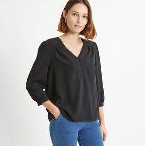 Blouse met V-hals en 3/4 mouwen ANNE WEYBURN. Viscose materiaal. Maten 52 FR - 50 EU. Zwart kleur