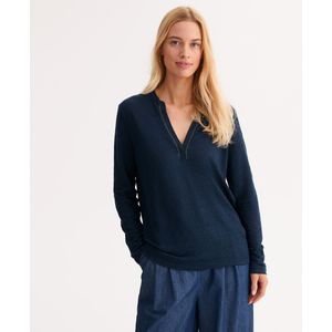 T-shirt in linnen, tuniekhals, lange mouwen ANNE WEYBURN. Linnen materiaal. Maten 46/48 FR - 44/46 EU. Blauw kleur