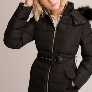 Lange donsjas met kap afgewerkt met imitatiebont LA REDOUTE COLLECTIONS. Polyester materiaal. Maten 36 FR - 34 EU. Zwart kleur