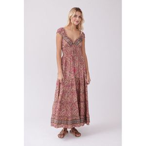 Bedrukte jurk Tableau, V-hals DERHY. Polyester materiaal. Maten XL. Roze kleur