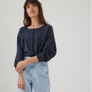 T-shirt met ronde hals en knoopsluiting, blouse model LA REDOUTE COLLECTIONS. Tencel/lyocell materiaal. Maten XL. Blauw kleur