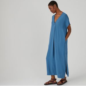 Lange jurk met V-hals en korte mouwen LA REDOUTE COLLECTIONS. Polyester materiaal. Maten S. Blauw kleur
