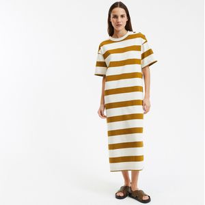 Lange gestreepte jurk met knoopjes op de schouder en korte mouwen LA REDOUTE COLLECTIONS. Katoen materiaal. Maten XS. Beige kleur